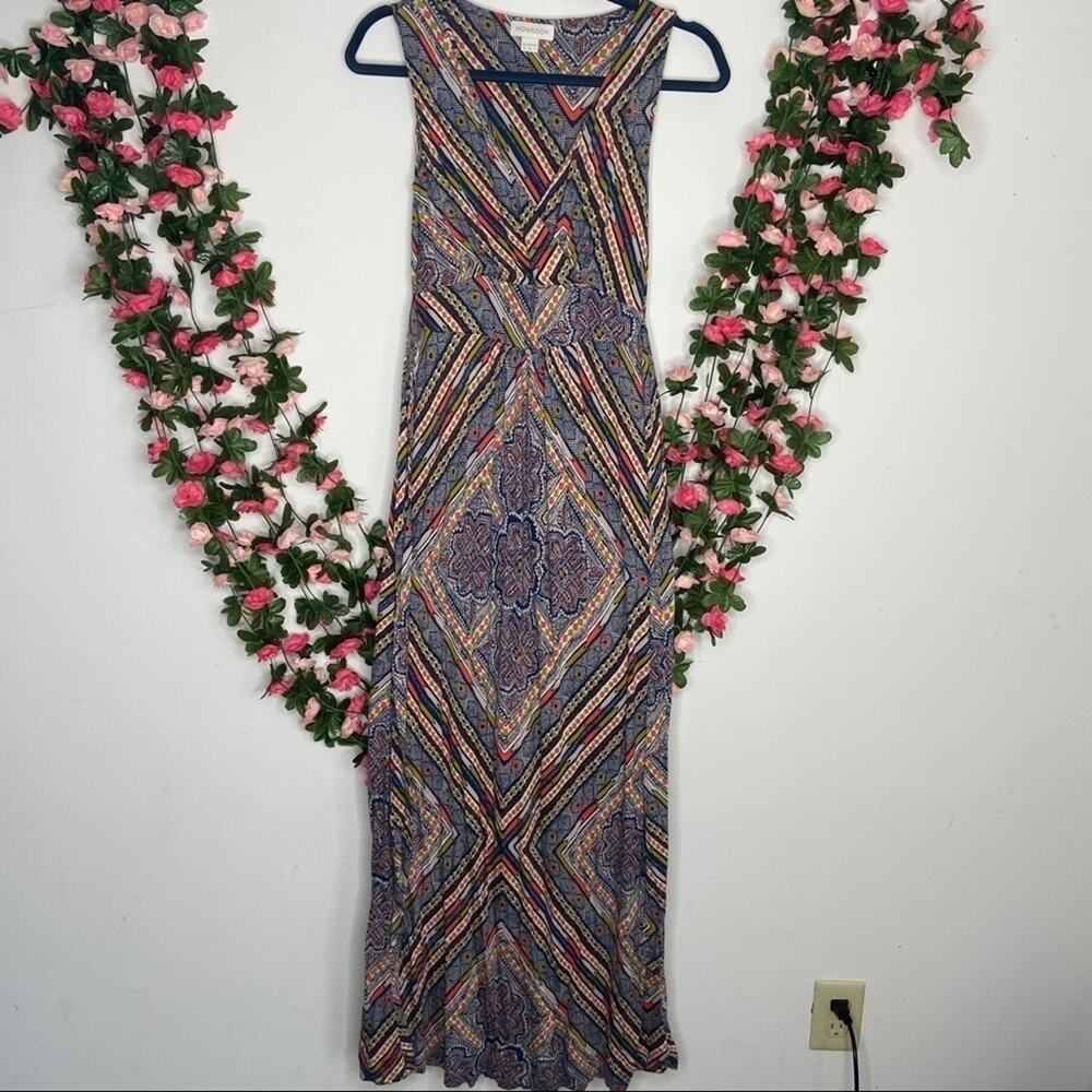 Monsoon Boho Maxi Dress Women’s S Blue Pink Geometric Sleeveless Flowy Festival